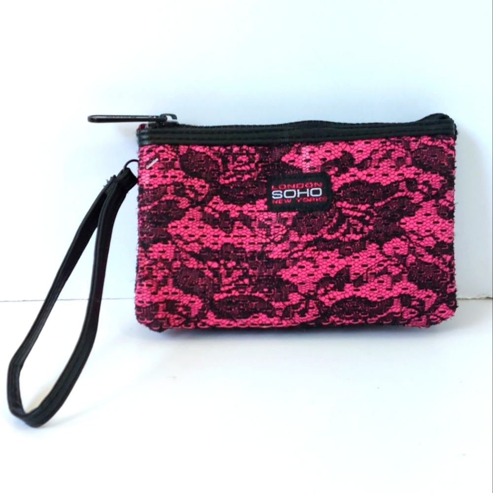 London Soho New York  Pink/Black Faux Lace Wristlet Wallet